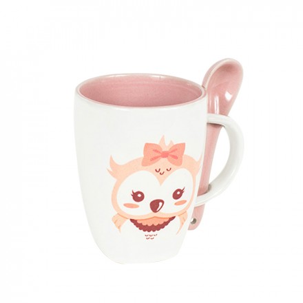 Printed Cereal Mug with Spoon - Pink